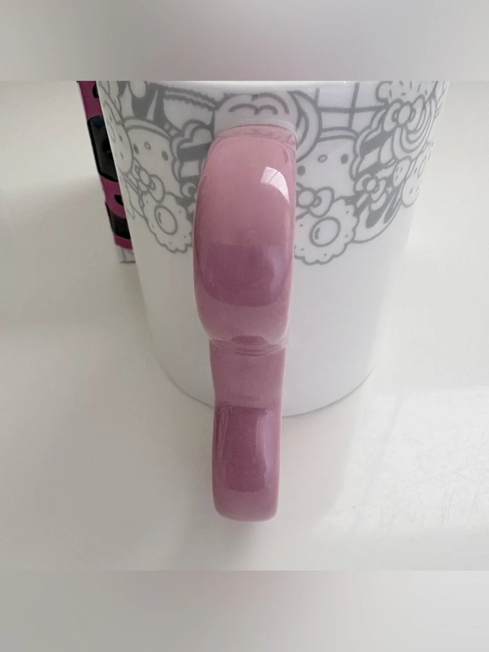 NIB Hello Kitty Cafe White Mug Pink Handle Gray Graphics Logo Box Artwork 12 oz